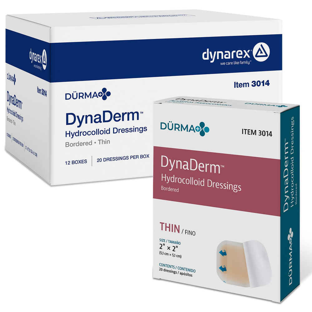 Dynarex DuraDerm hydrocolloid dressing box packaging for easy stocking.