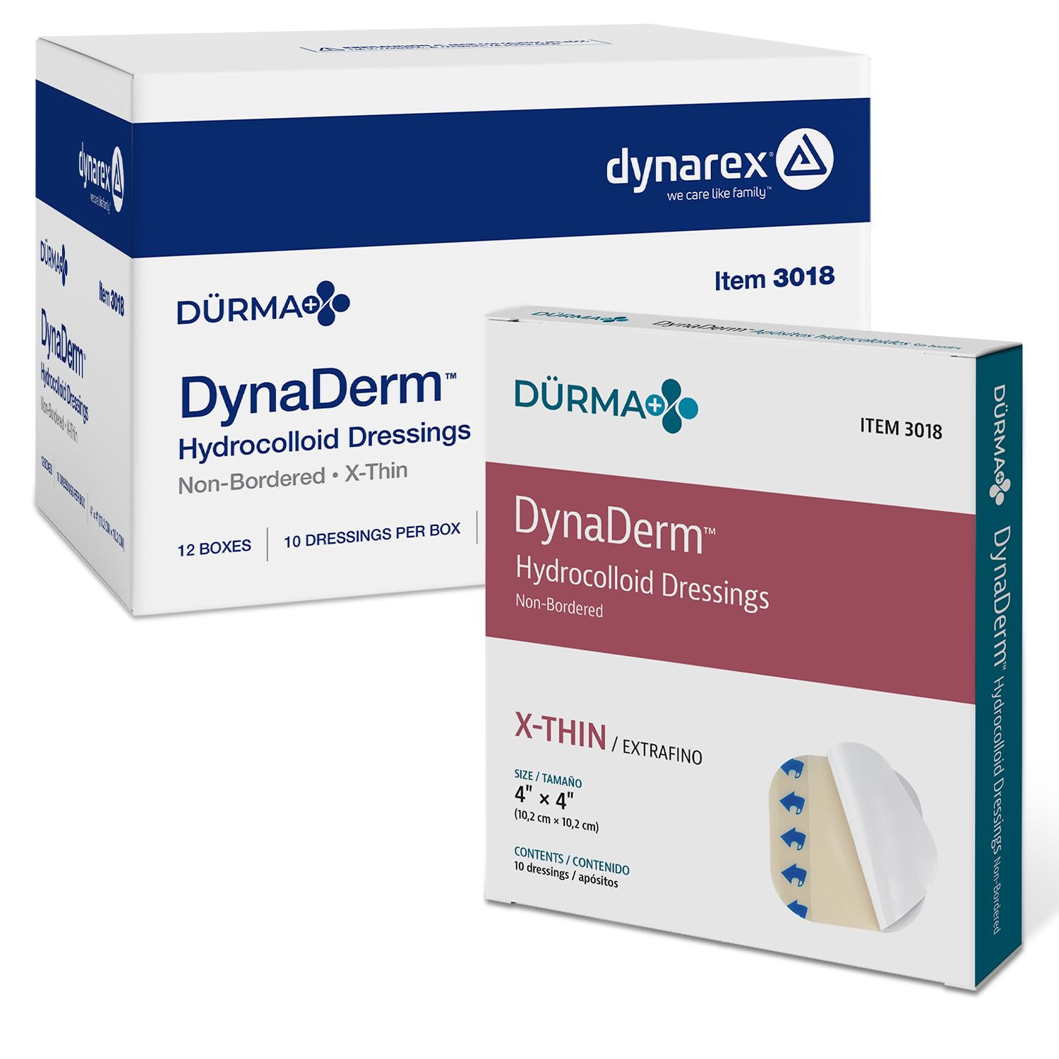 Dynarex Dynaderm hydrocolloid dressing extra thin 4x4, long-lasting wound protection.
