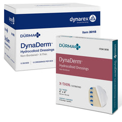 Dynarex Dynaderm hydrocolloid dressing extra thin 4x4, long-lasting wound protection.