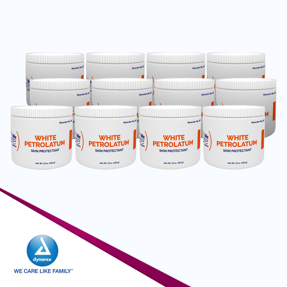 Dynarex hands applying petrolatum jelly for dry skin care.