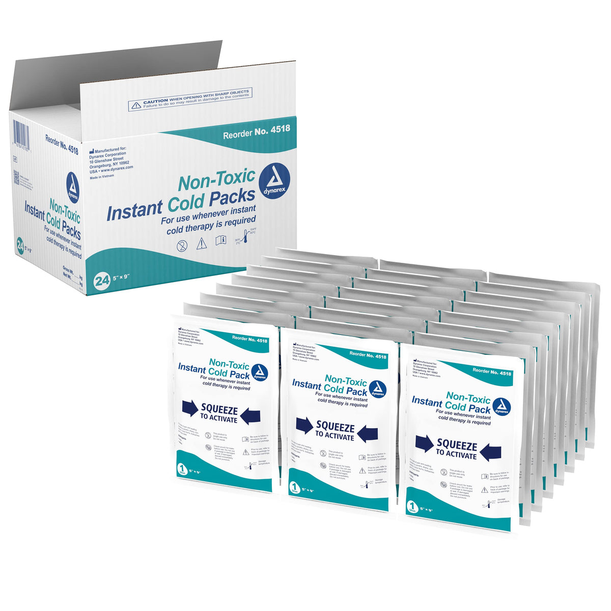 Dynarex Instant Cold Pack box with 24 packs for quick first aid relief.