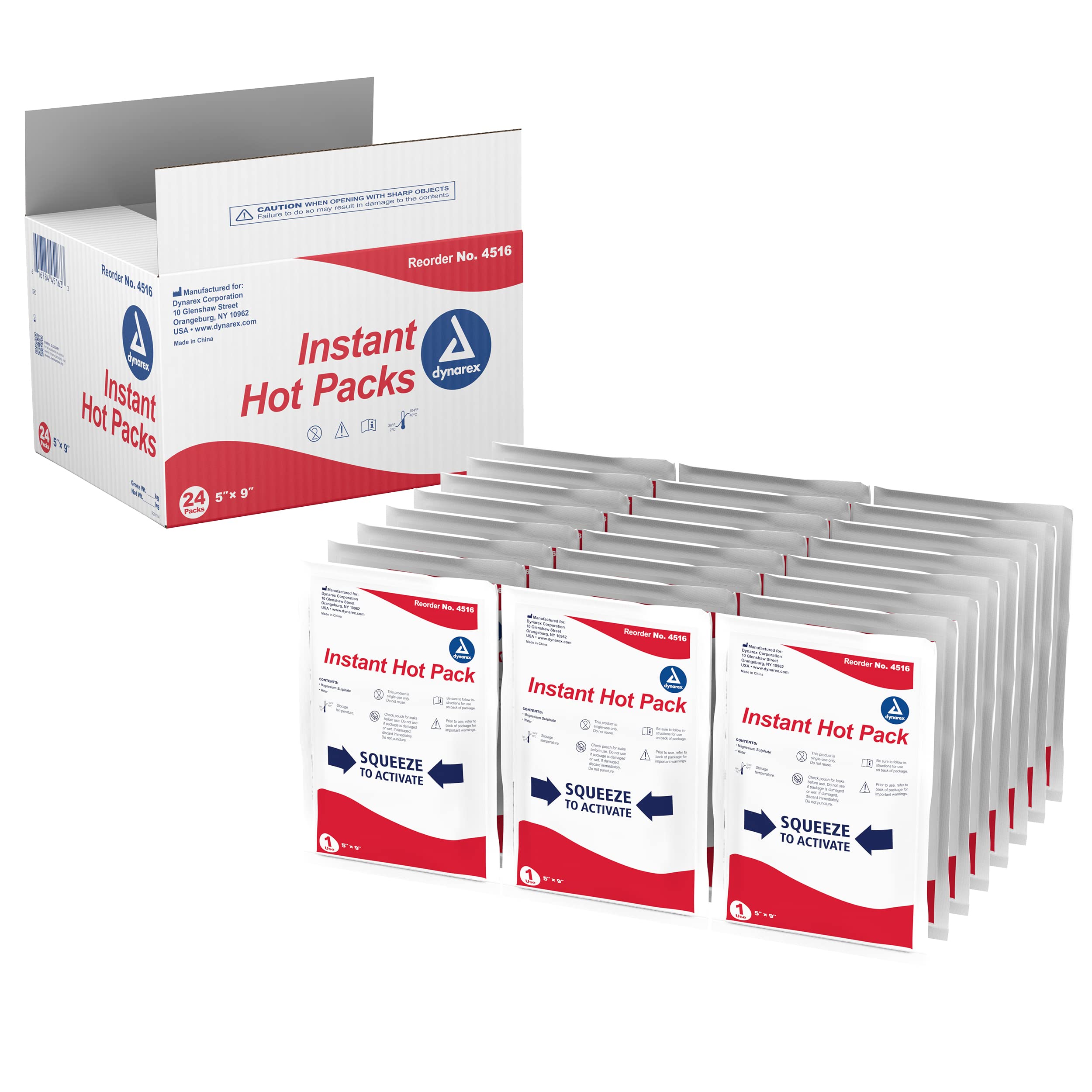 Dynarex Instant Hot Pack activation arrows show quick heat release.