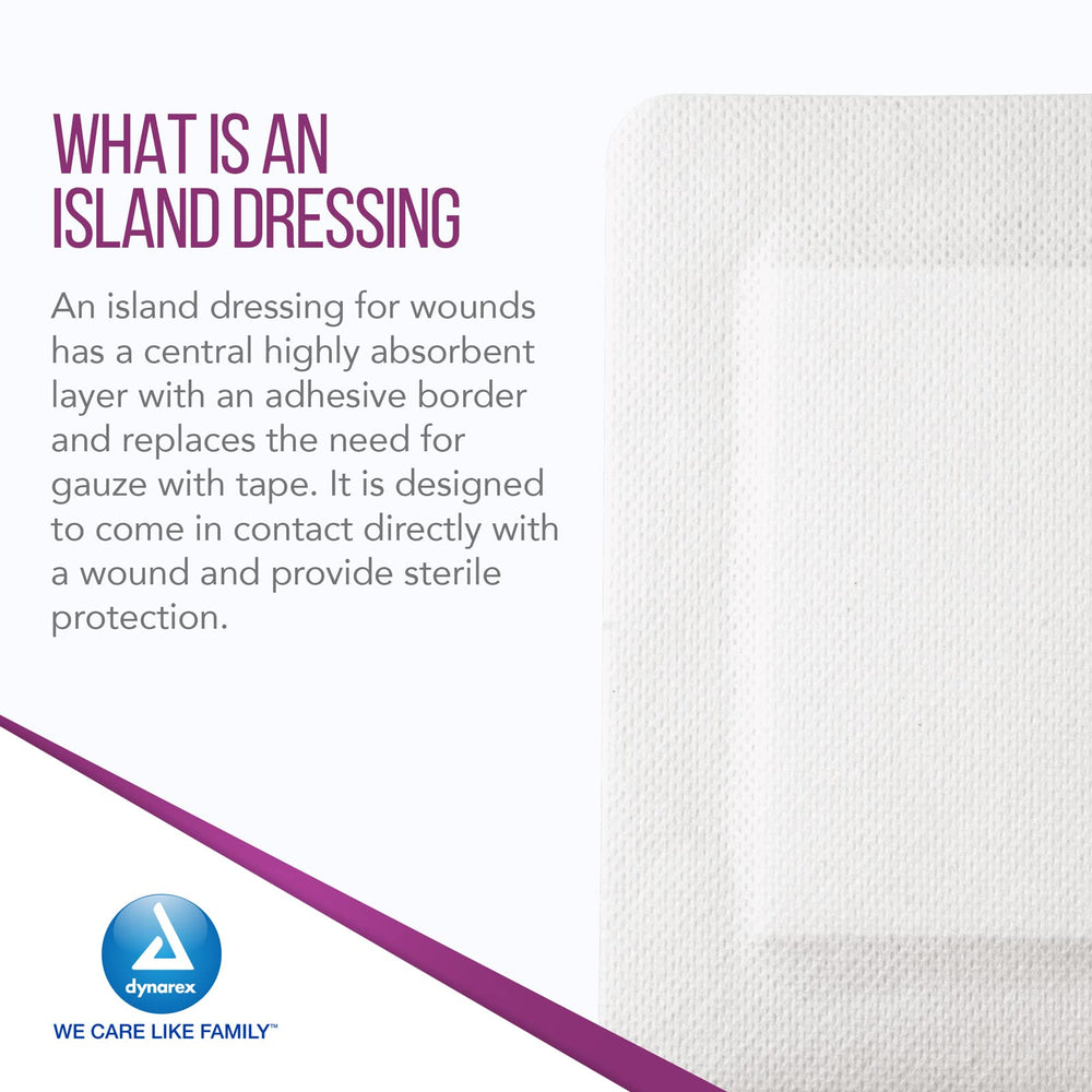 Dynarex Island Dressing adhesive border detail for secure, skin-friendly adhesion.