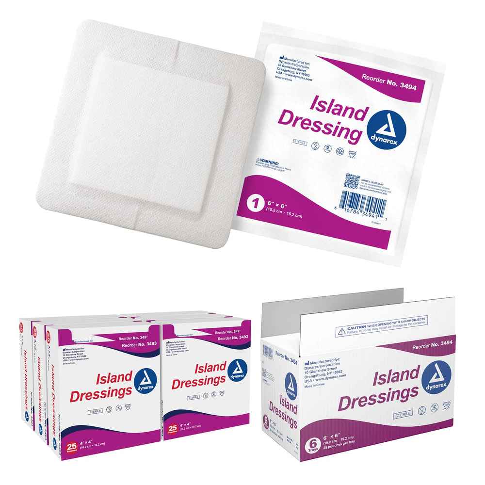 Dynarex Island Dressing sterile box packaging for direct wound protection.