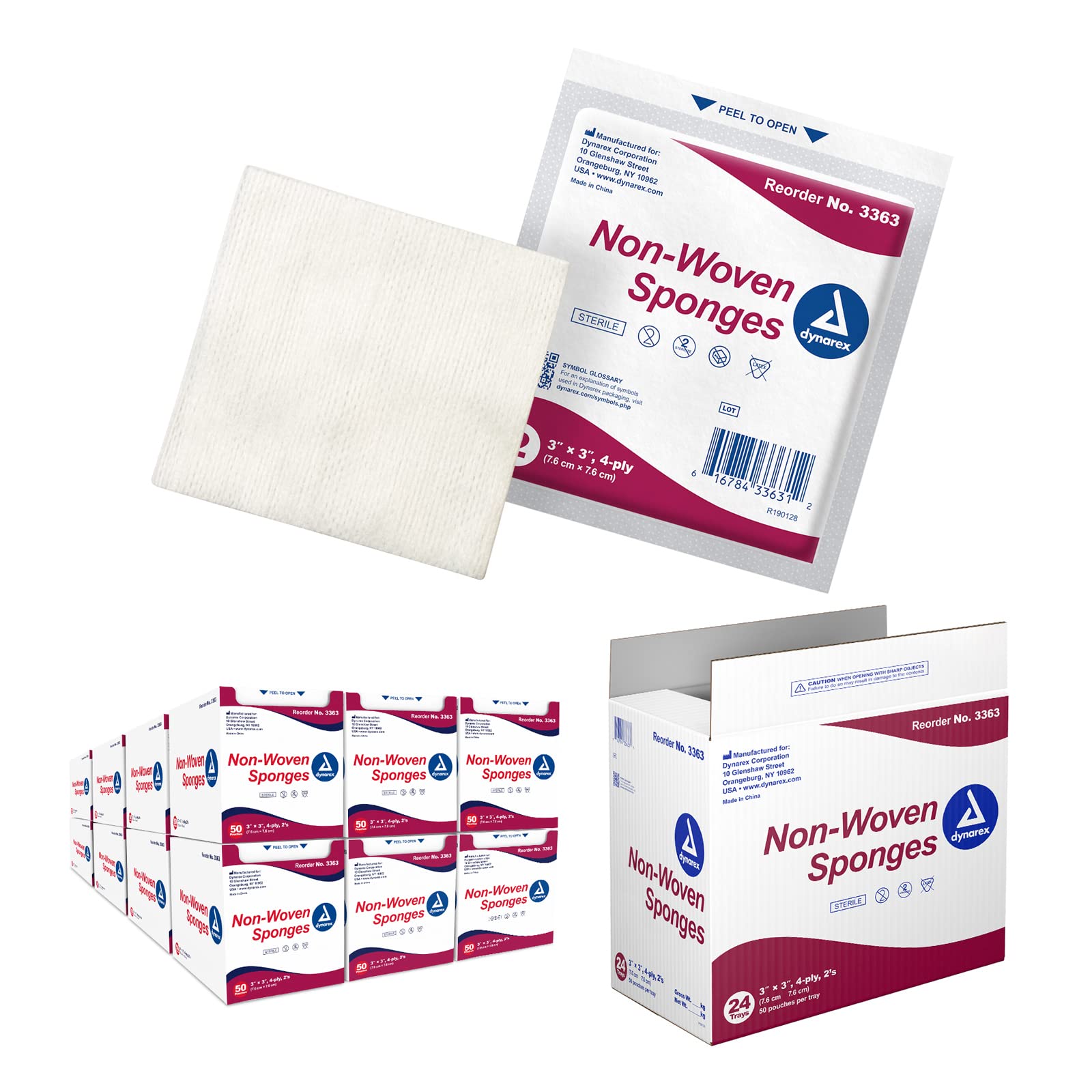 Dynarex non-woven sponges 3x3 4-ply case for reliable absorbency in wound care and prep.