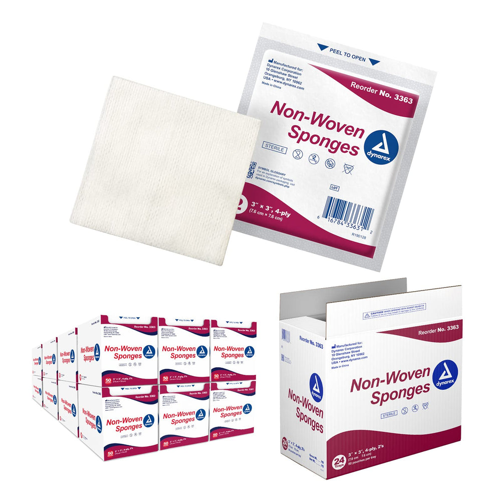Dynarex non-woven sponges 3x3 4-ply case for reliable absorbency in wound care and prep.
