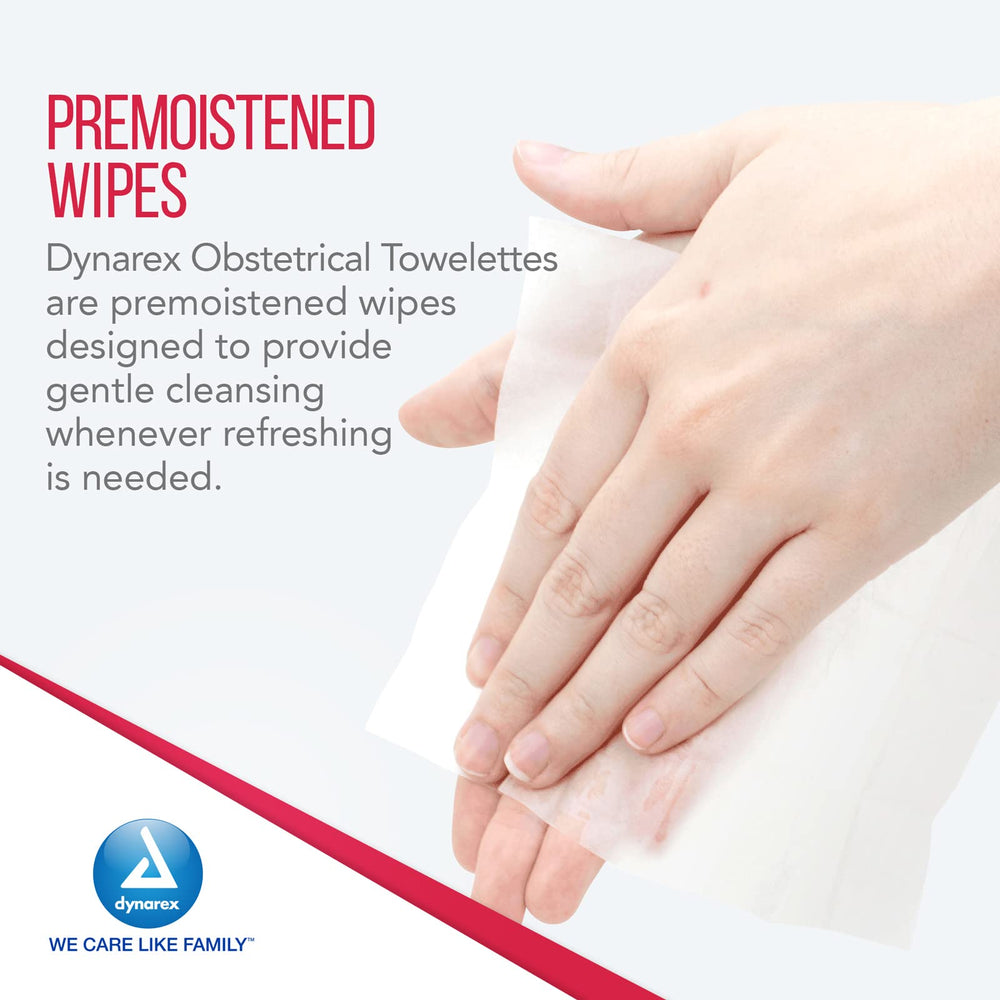 Dynarex Obstetrical Towelettes packaging label emphasizes gentle cleansing.