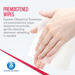 Dynarex Obstetrical Towelettes packaging label emphasizes gentle cleansing.