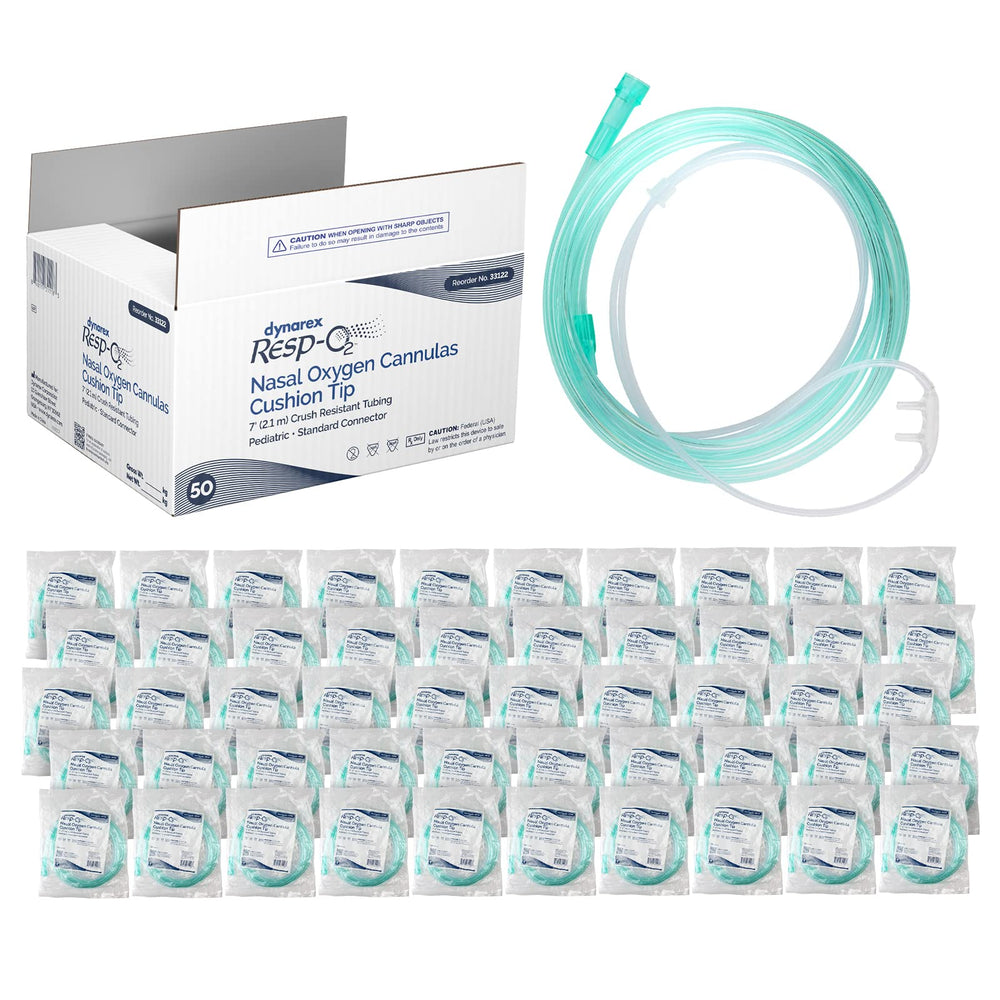 Dynarex Resp-O2 nasal cannula with cushion tip for gentle comfort during oxygen therapy.