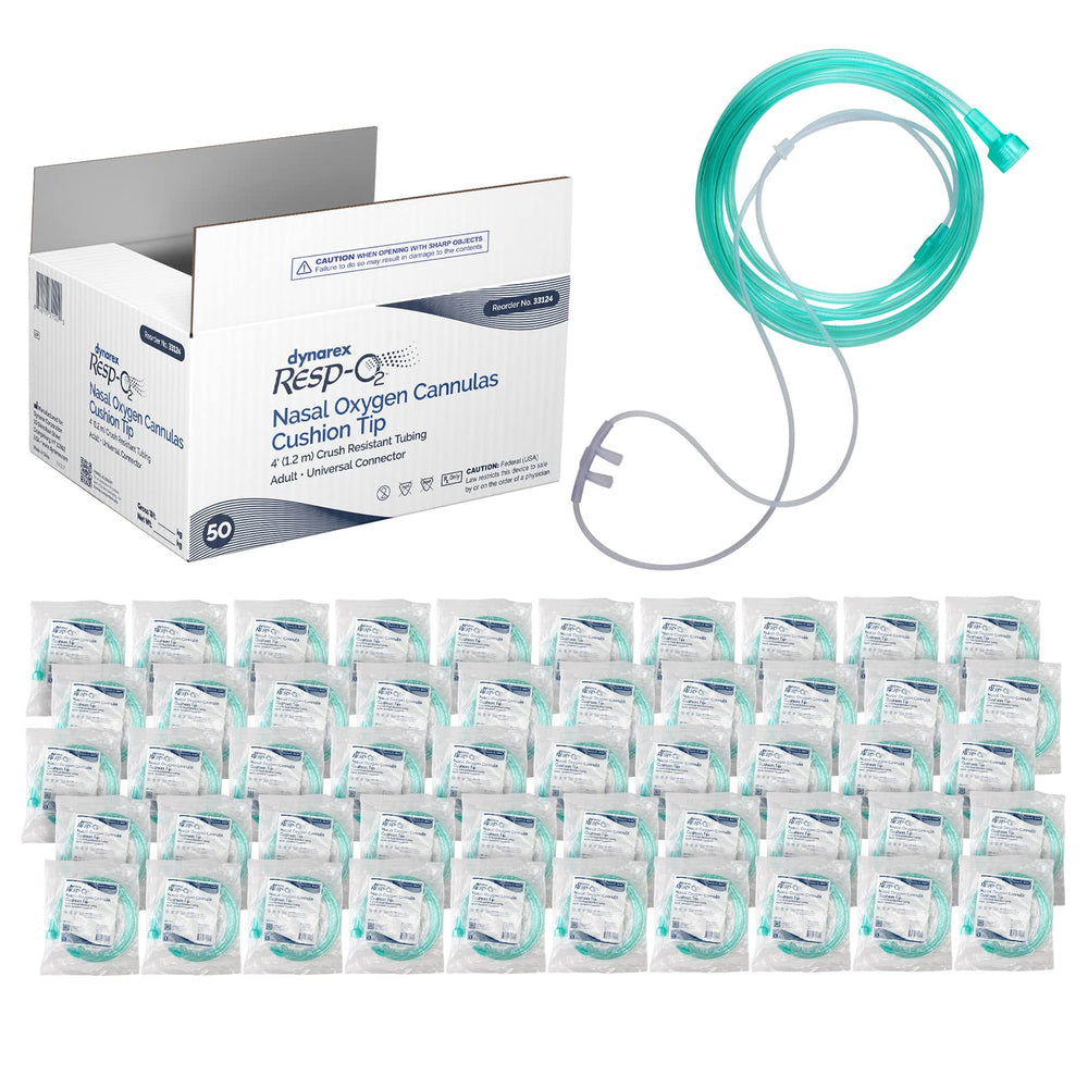 Dynarex Resp-O2 nasal cannula with cushion tip for gentle comfort during oxygen therapy.