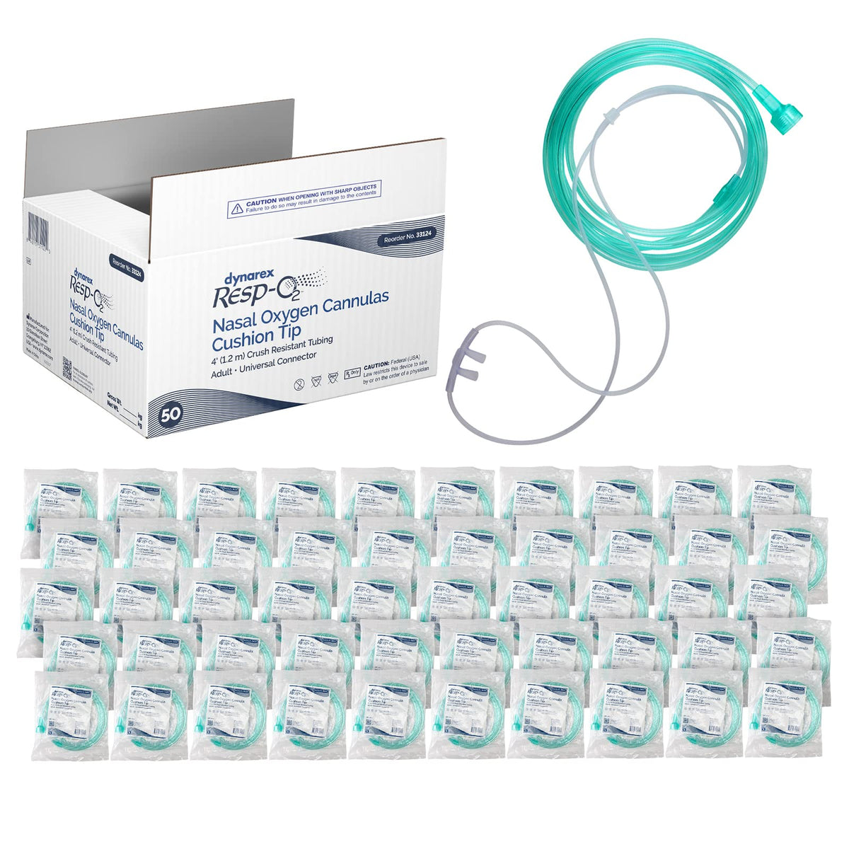 Dynarex Resp-O2 nasal cannula with cushion tip for gentle comfort during oxygen therapy.