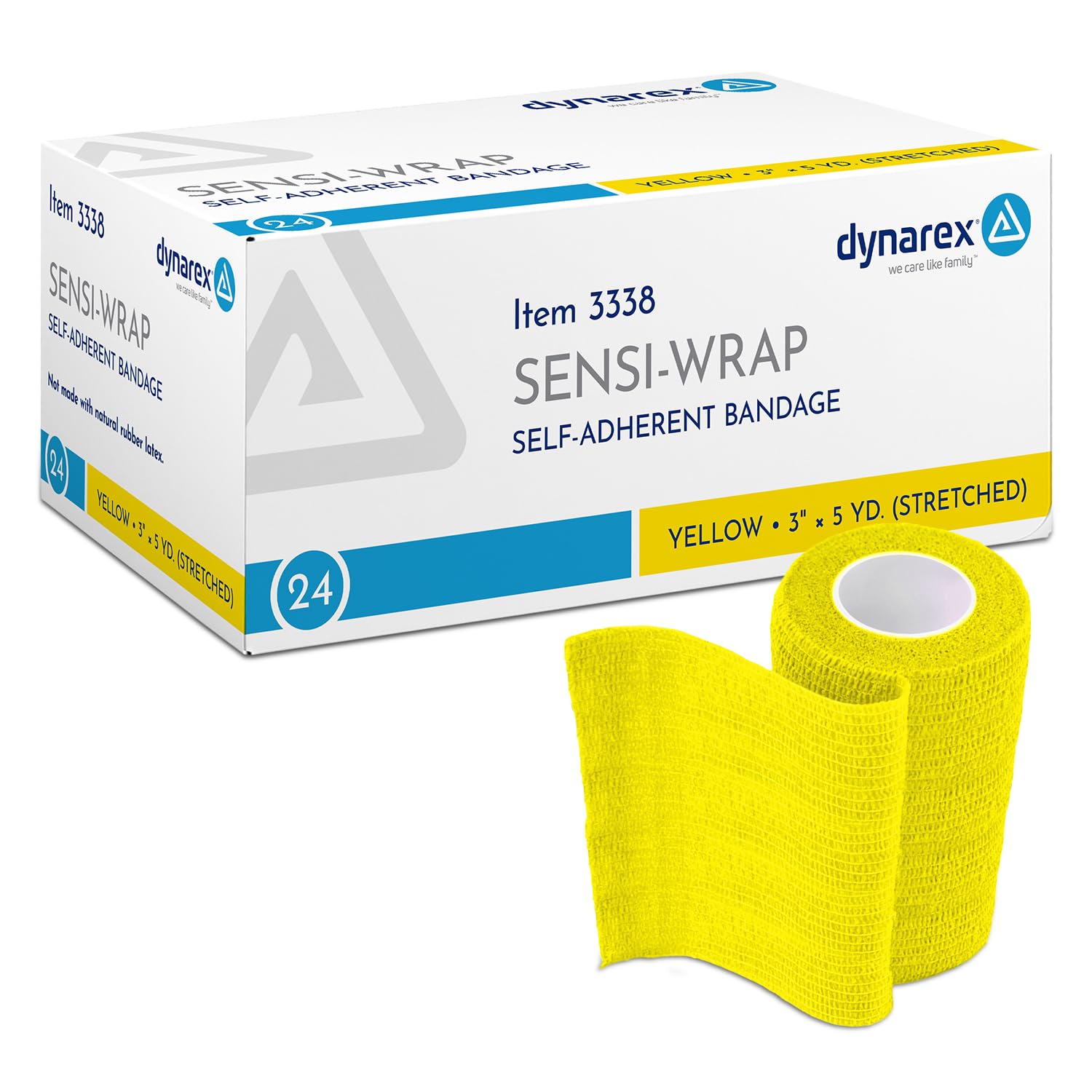 Dynarex Sensi-Wrap bandage roll in yellow packaging for quick visibility and easy handling.