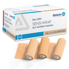 Dynarex Sensi-Wrap bandages in tan color demonstrate self-adhesive wrap for secure everyday wear.