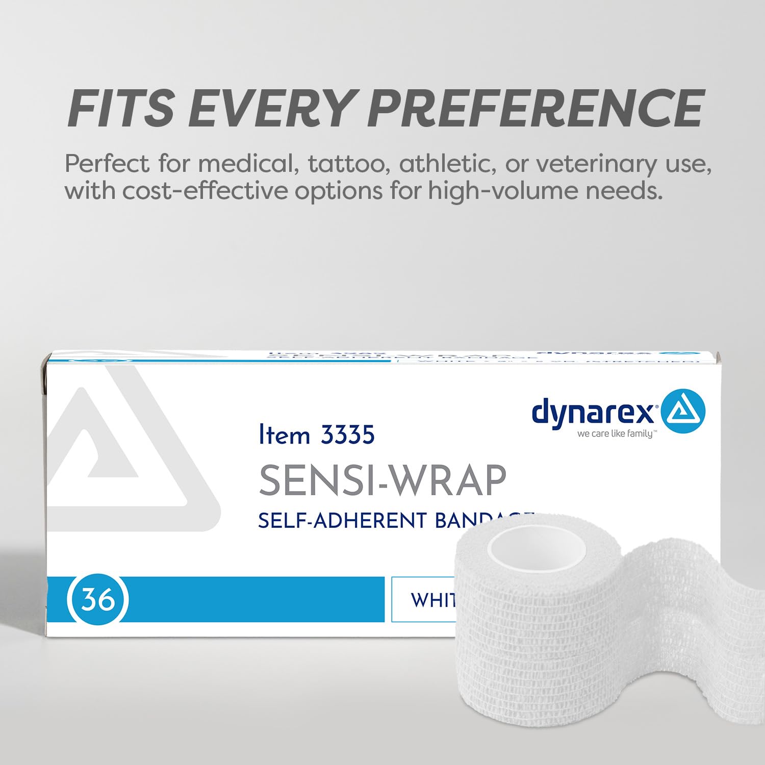 Dynarex Sensi-Wrap packaging highlights 5-yard rolls for efficient bulk use.