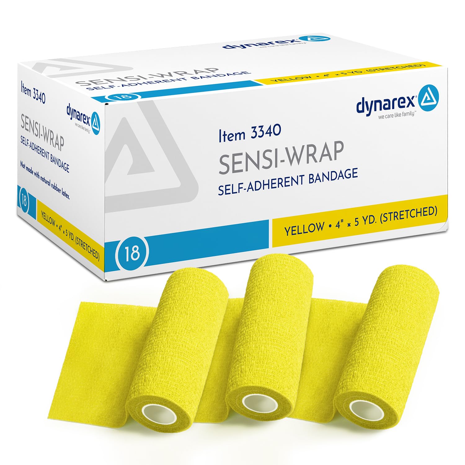 Dynarex Sensi-Wrap self-adhesive bandage pack offers reliable hold during activity without hair or clothing snags.