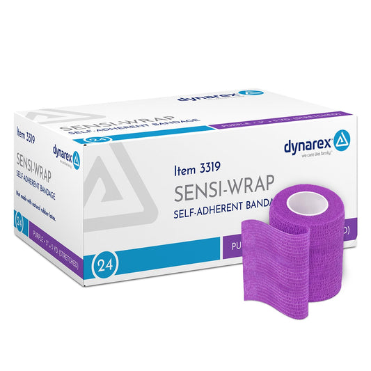 Dynarex Sensi-Wrap self-adhesive bandage roll in purple offers clip-free compression.