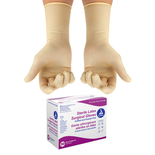 Dynarex sterile gloves packaged in pairs for quick sterile setup.