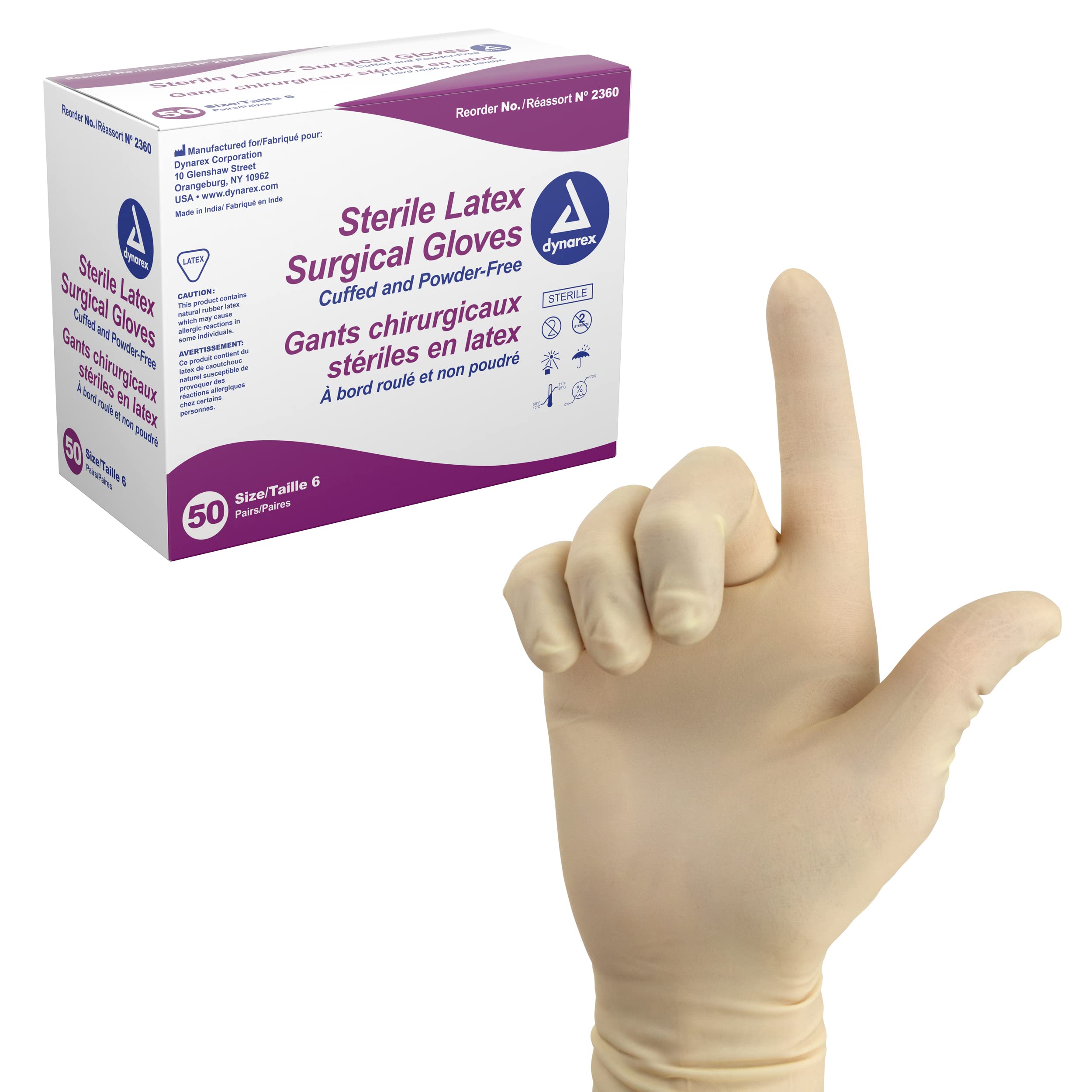 Dynarex sterile latex gloves packaged in pairs for clean, ready-to-use procedures