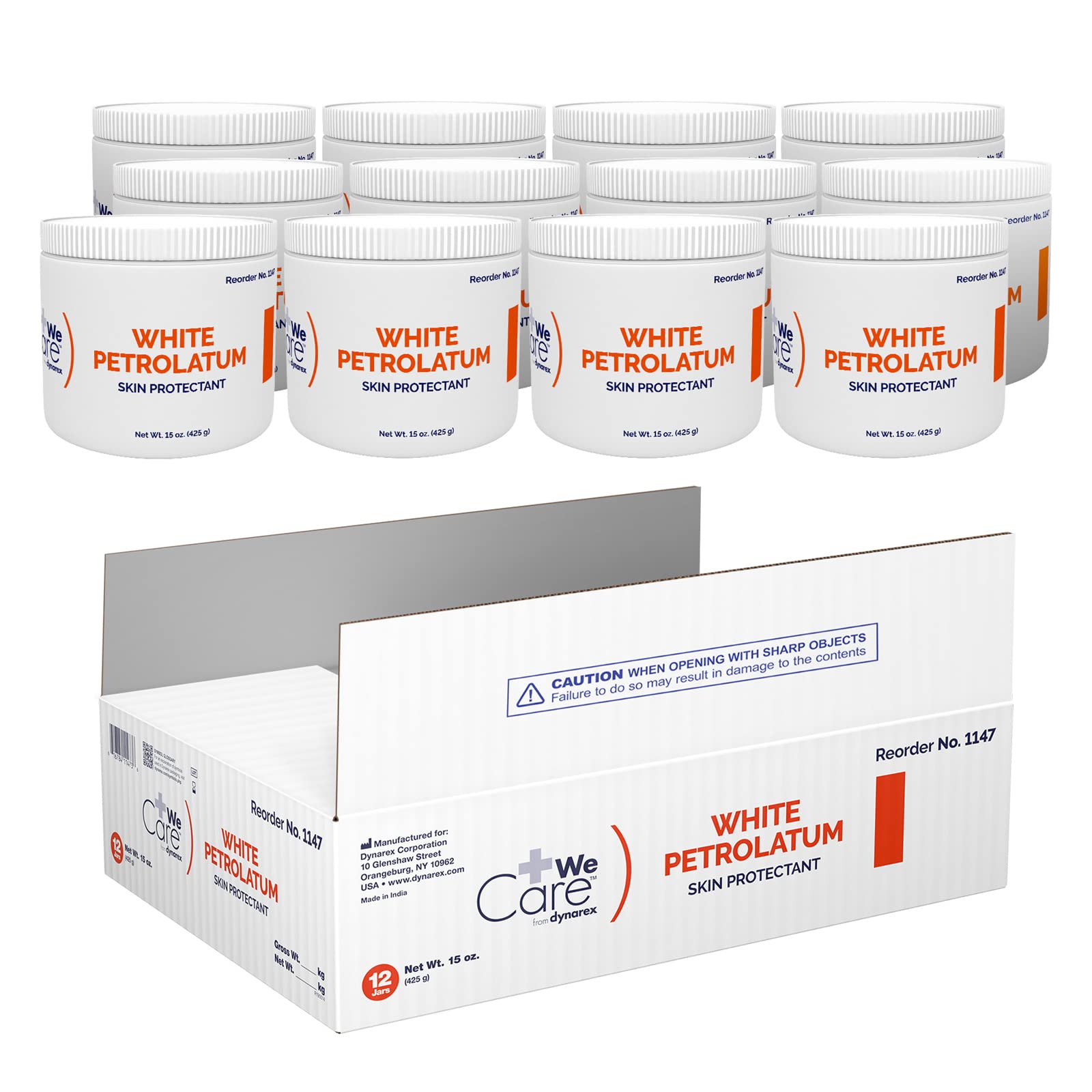 Dynarex White Petrolatum 15oz jar closeup, a skin protectant for dry or cracked areas.