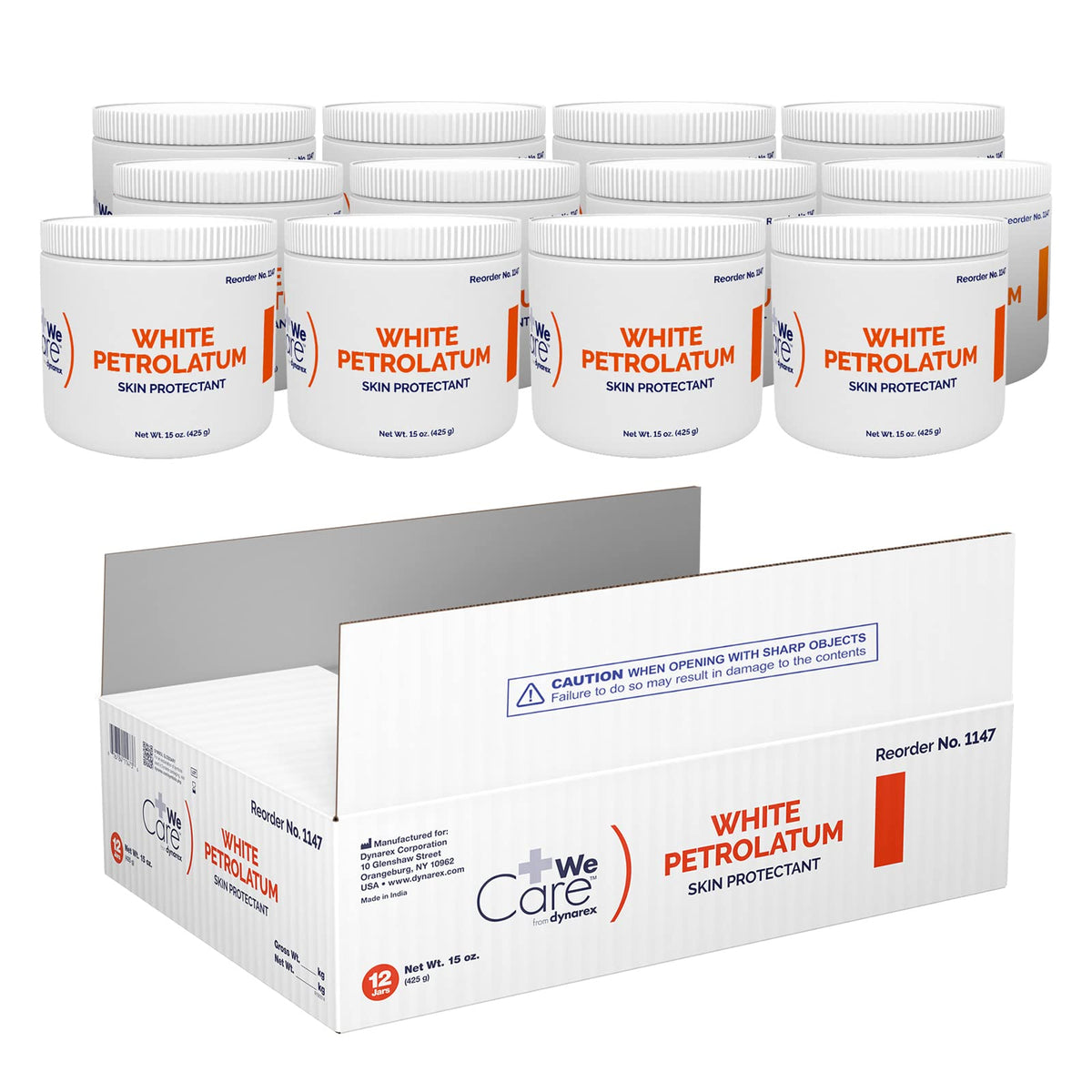 Dynarex White Petrolatum 15oz jar closeup, a skin protectant for dry or cracked areas.