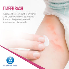 Dynarex Zinc Oxide Ointment on diaper area illustrates skin protection during changes.