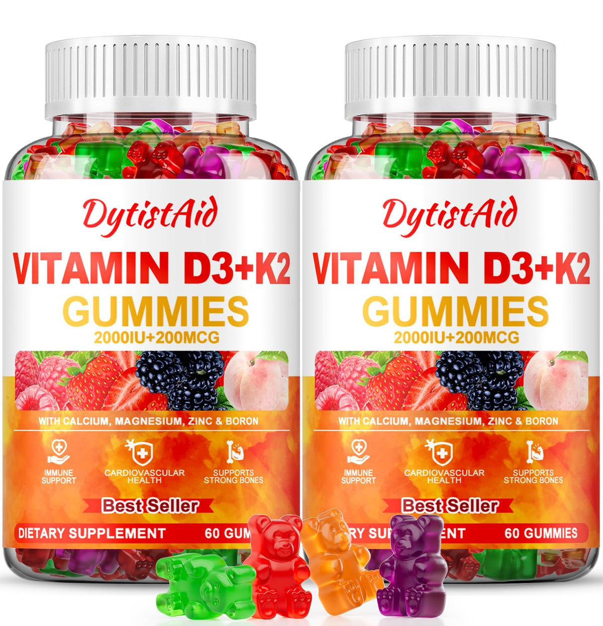 DytistAid Vitamin D3+K2 Gummies bottle front supports daily immune and bone wellness