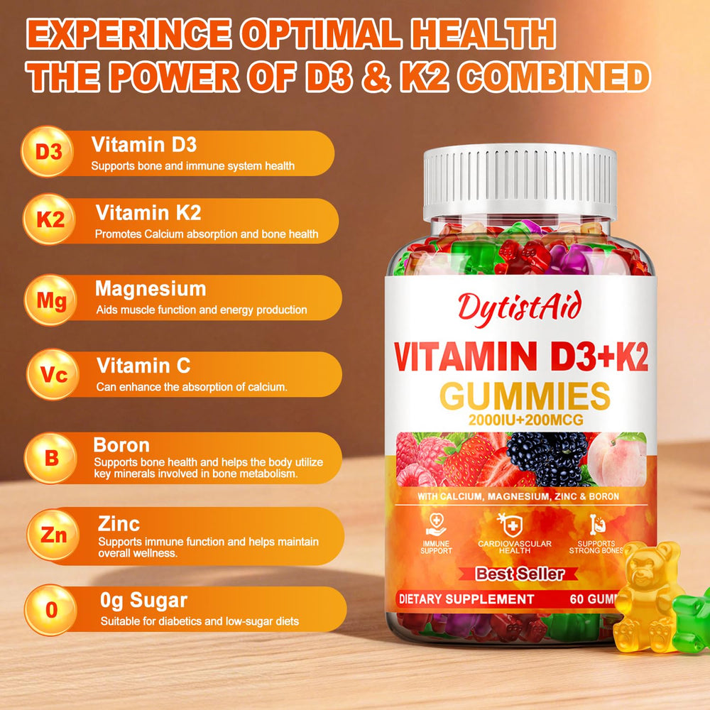 DytistAid Vitamin D3+K2 Gummies ingredients scene highlights calcium, magnesium, and zinc components