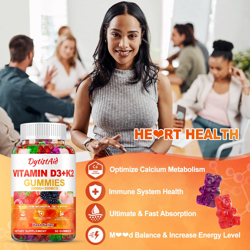 DytistAid Vitamin D3+K2 Gummies packaging box emphasizes vegan, non-GMO, and sugar-free lifestyle