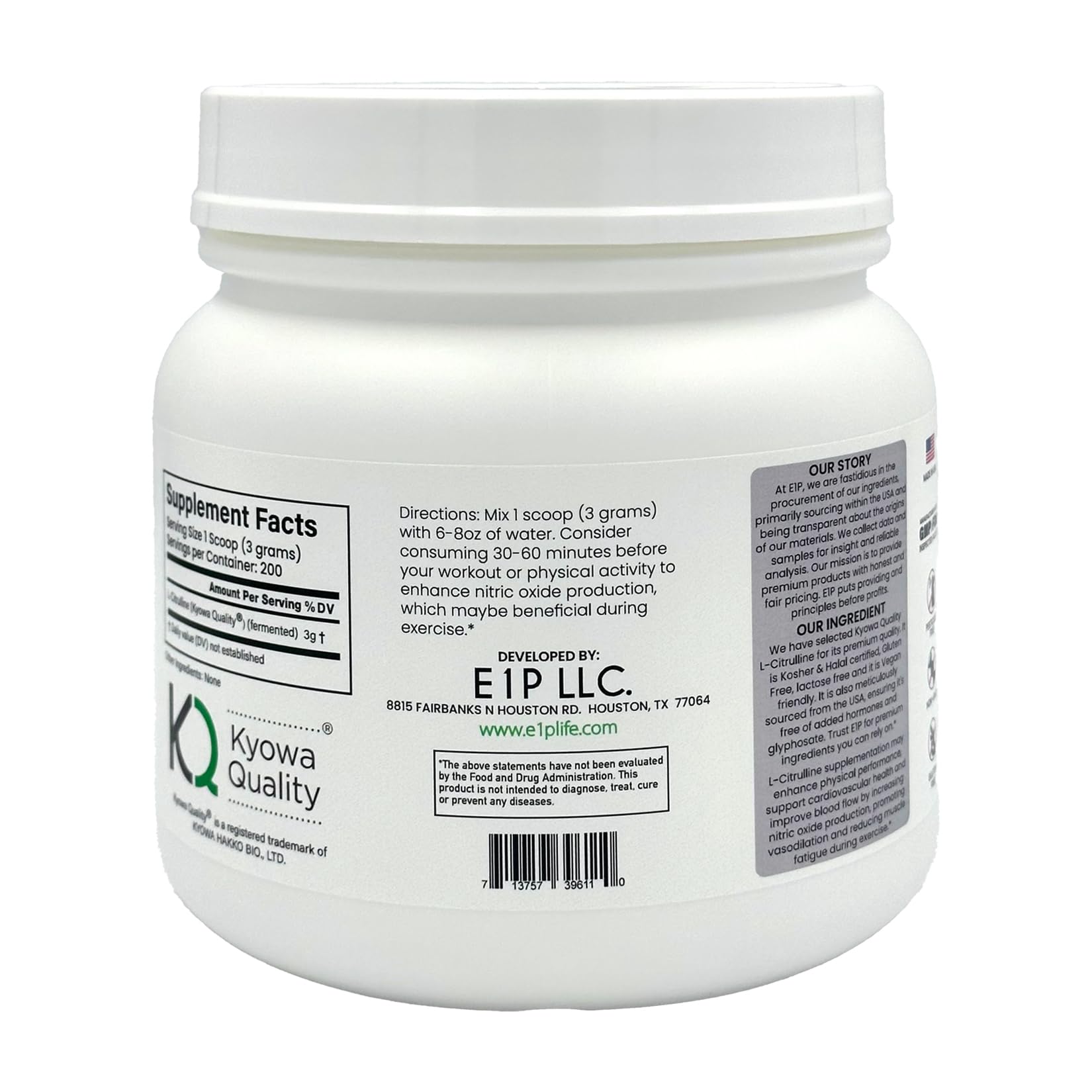 E1P L-Citrulline label front; shows halal, kosher and vegan certifications.