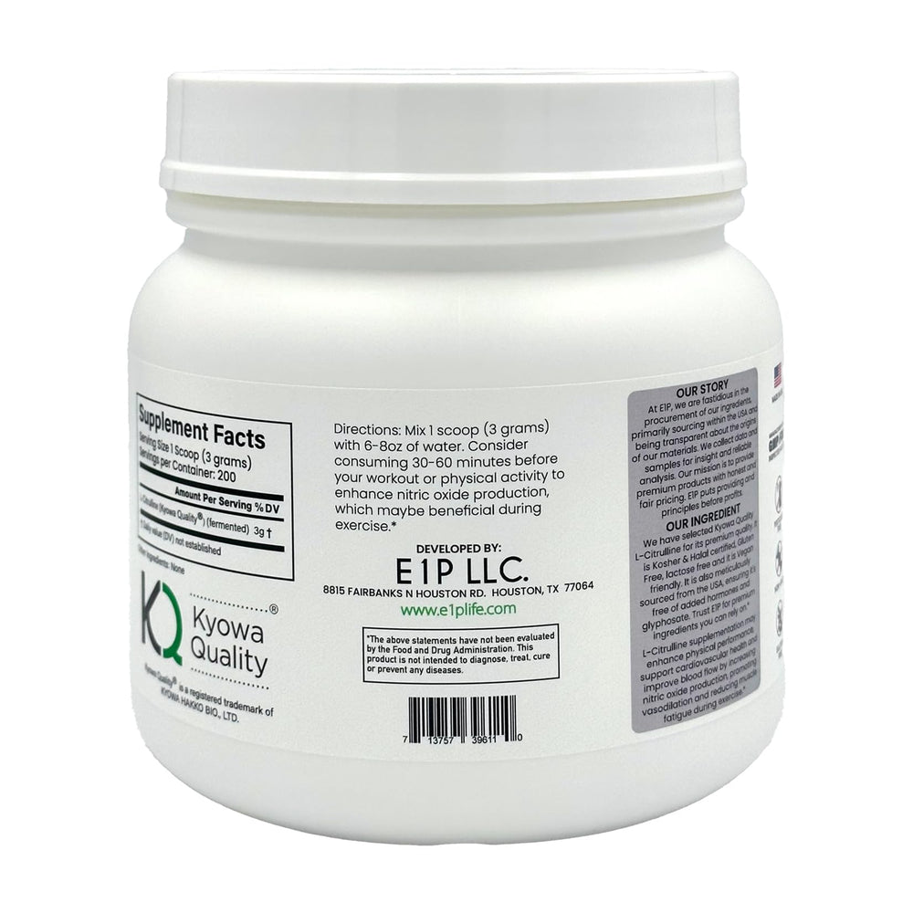 E1P L-Citrulline label front; shows halal, kosher and vegan certifications.