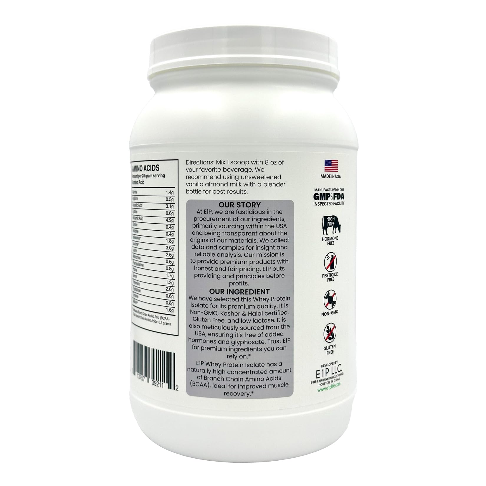 E1P Whey Isolate label highlights kosher, halal and non-GMO certifications.
