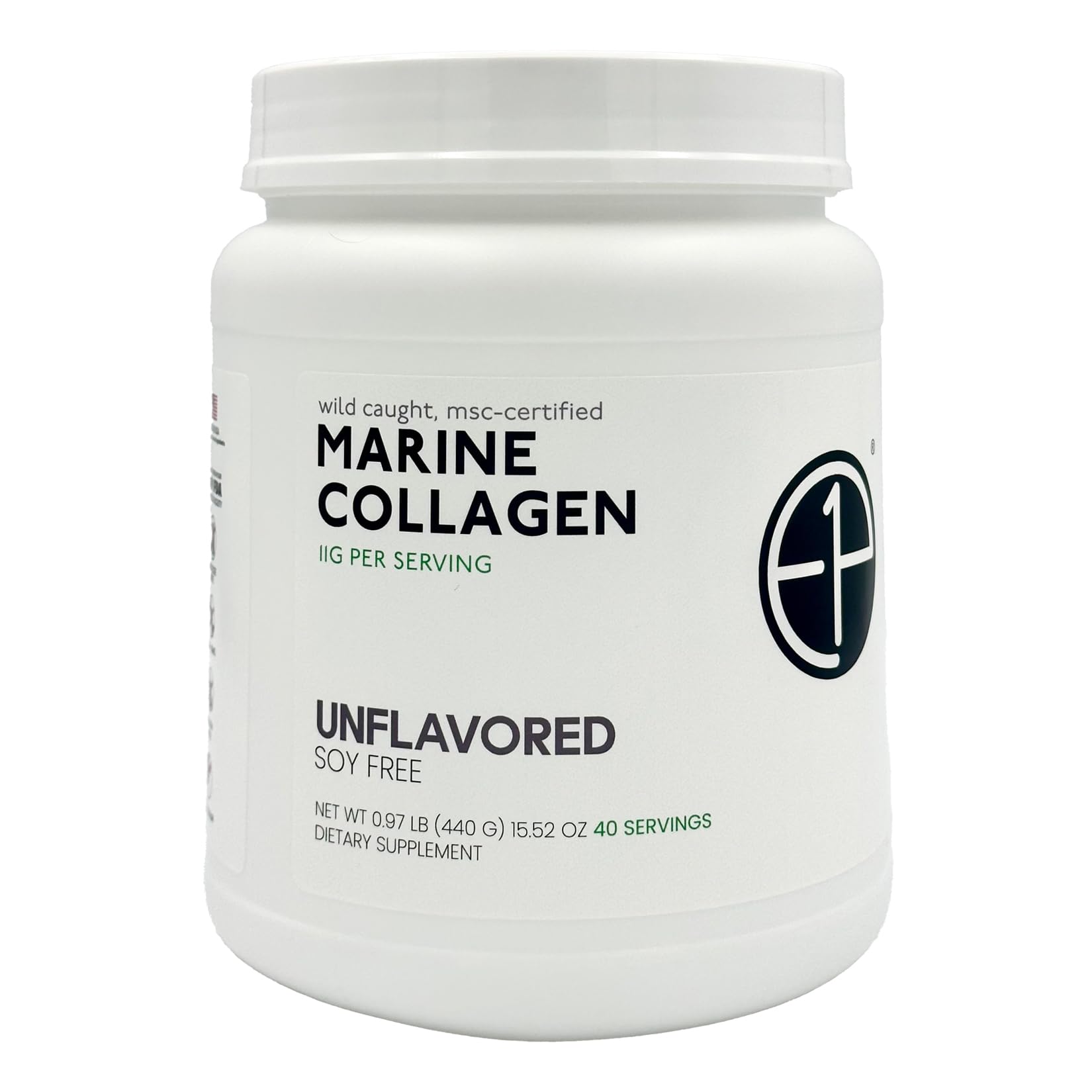 E1P Wild Caught Marine Collagen powder tub showing MSC-certified purity for skin support