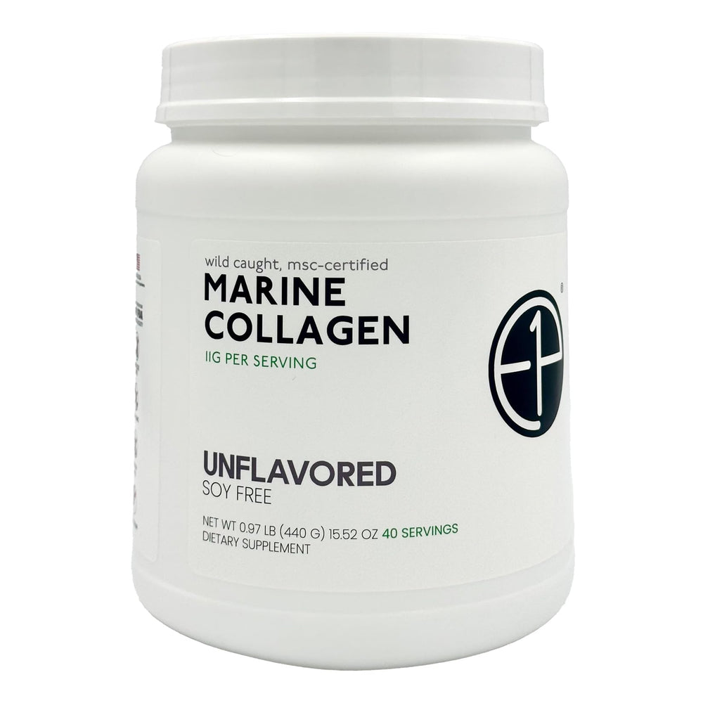 E1P Wild Caught Marine Collagen powder tub showing MSC-certified purity for skin support