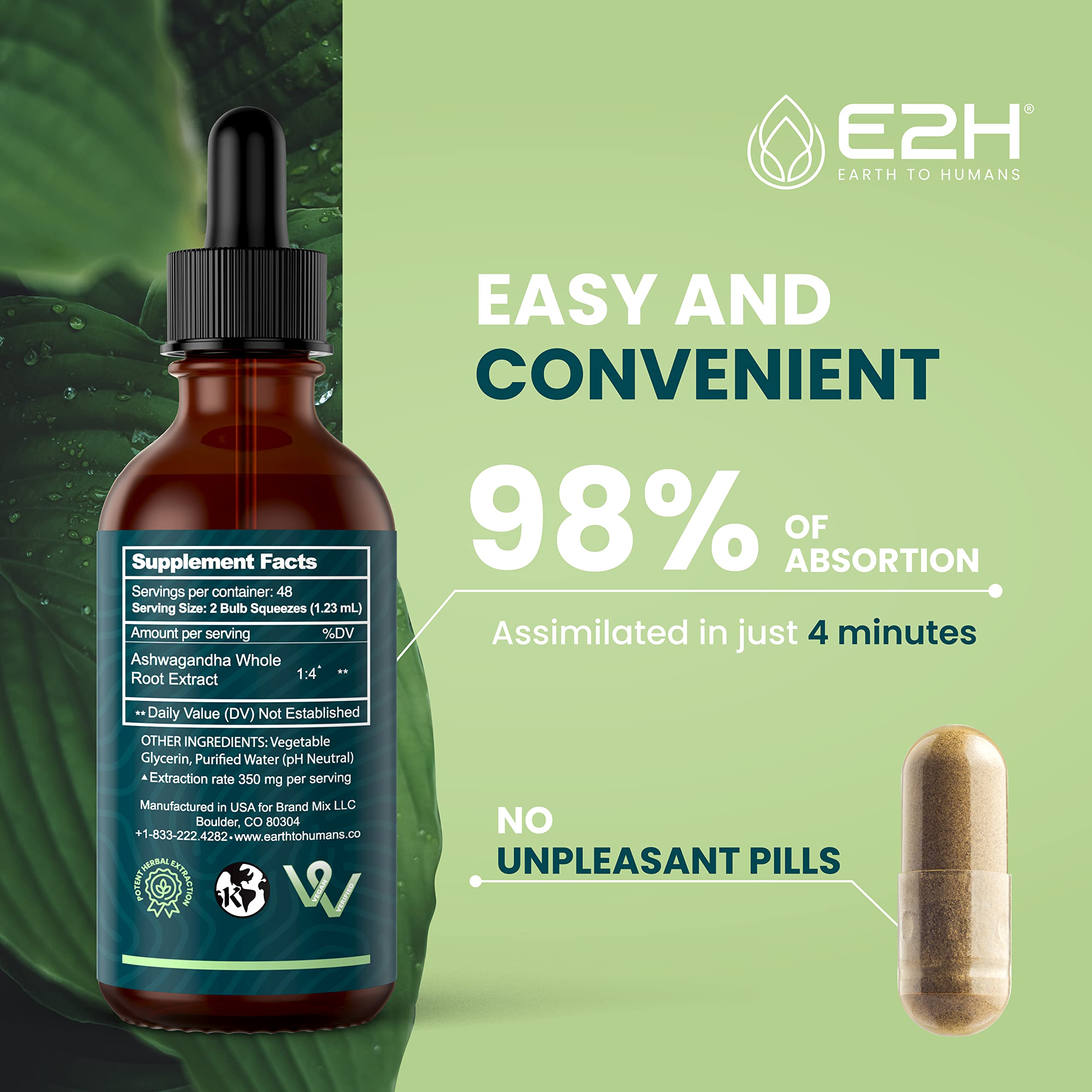 E2H Ashwagandha liquid drops amber glass bottle preserving potency