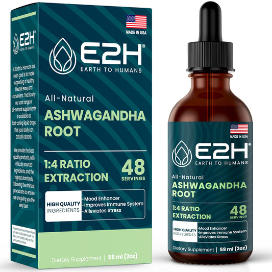 E2H Ashwagandha liquid drops bottle shown for daily stress support
