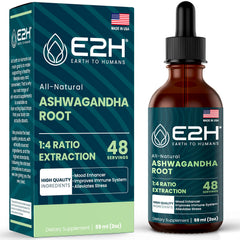 E2H Ashwagandha liquid drops bottle shown for daily stress support