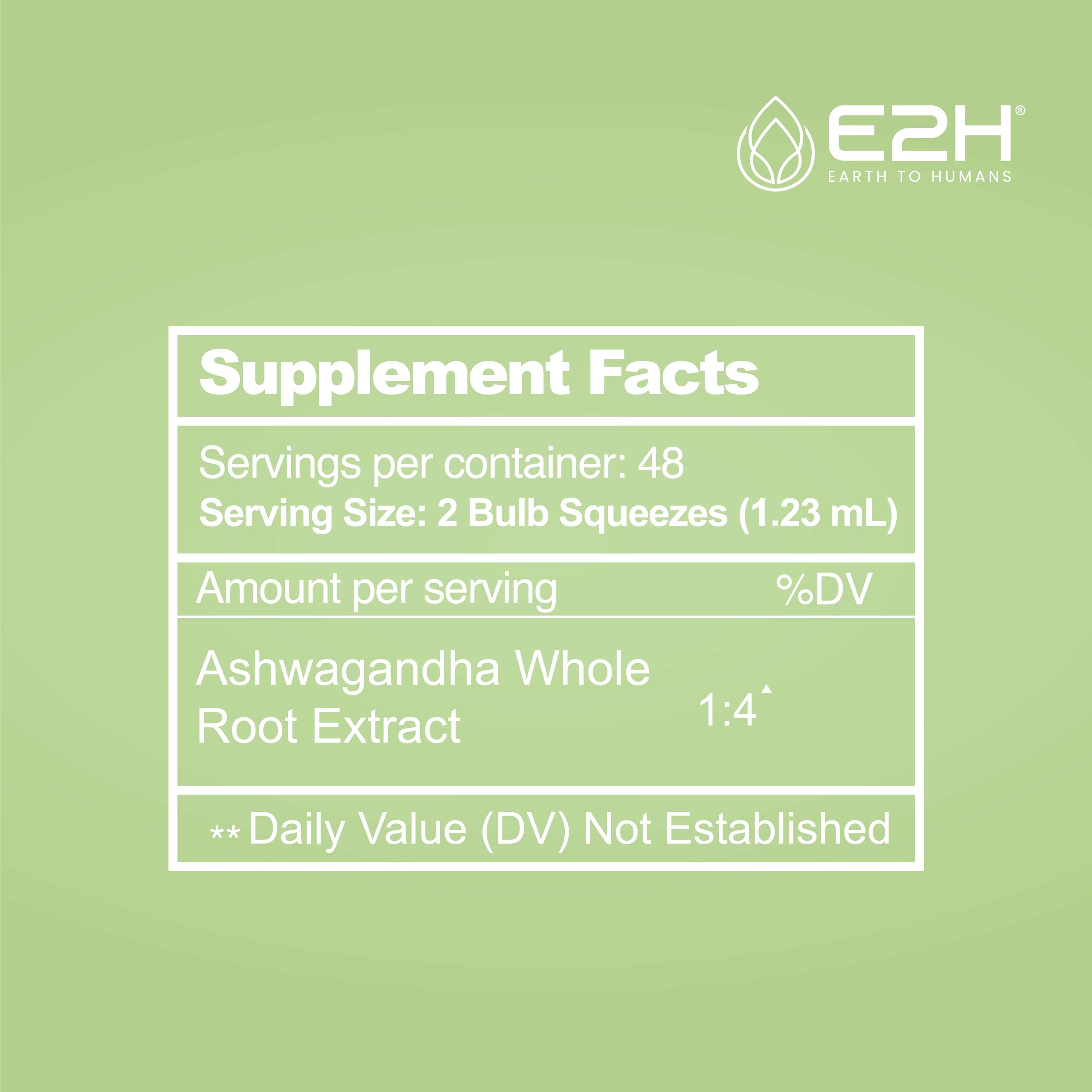 E2H Ashwagandha liquid drops ingredient panel with organic root extract
