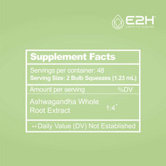E2H Ashwagandha liquid drops ingredient panel with organic root extract
