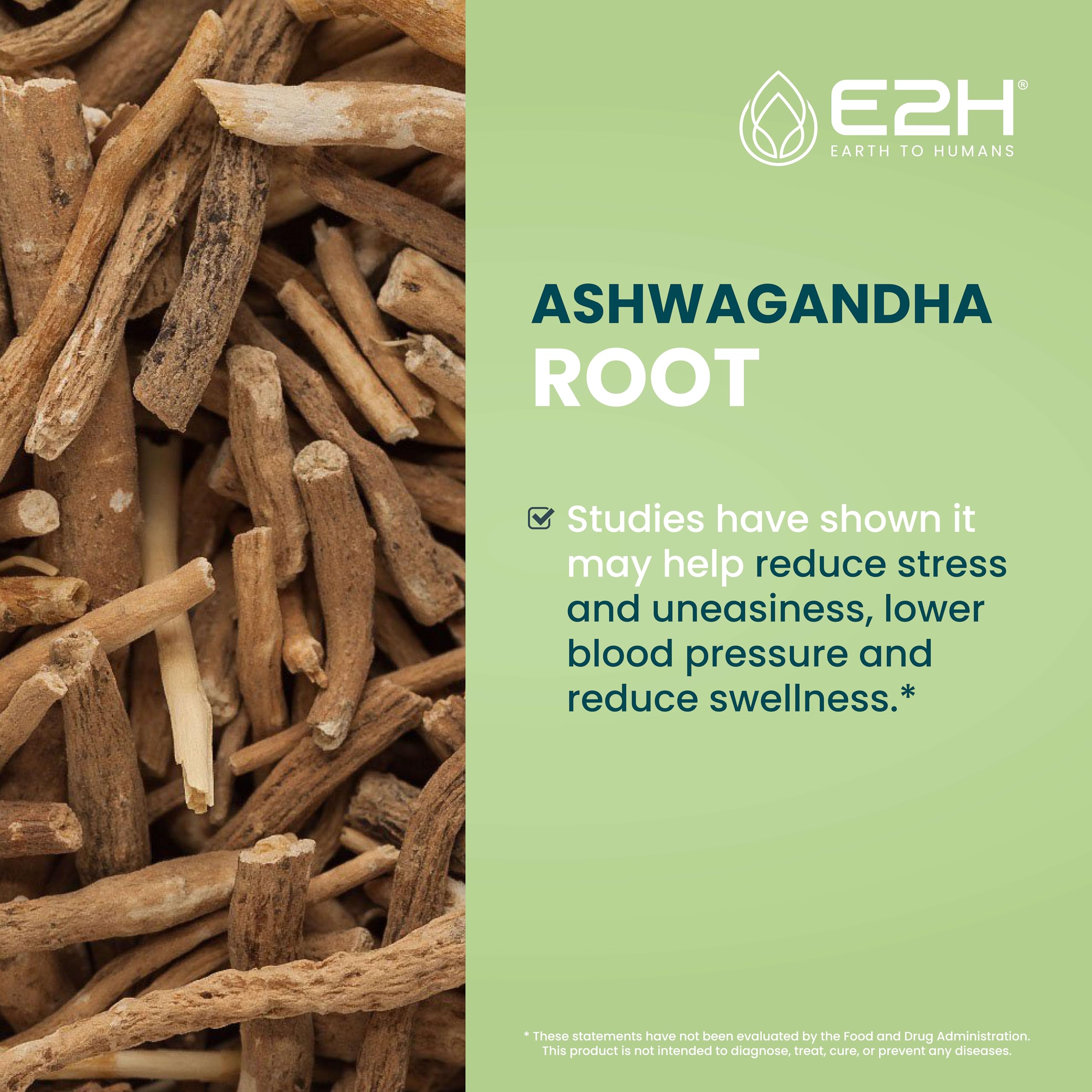 E2H Ashwagandha liquid drops label highlighting organic, vegan, non-GMO