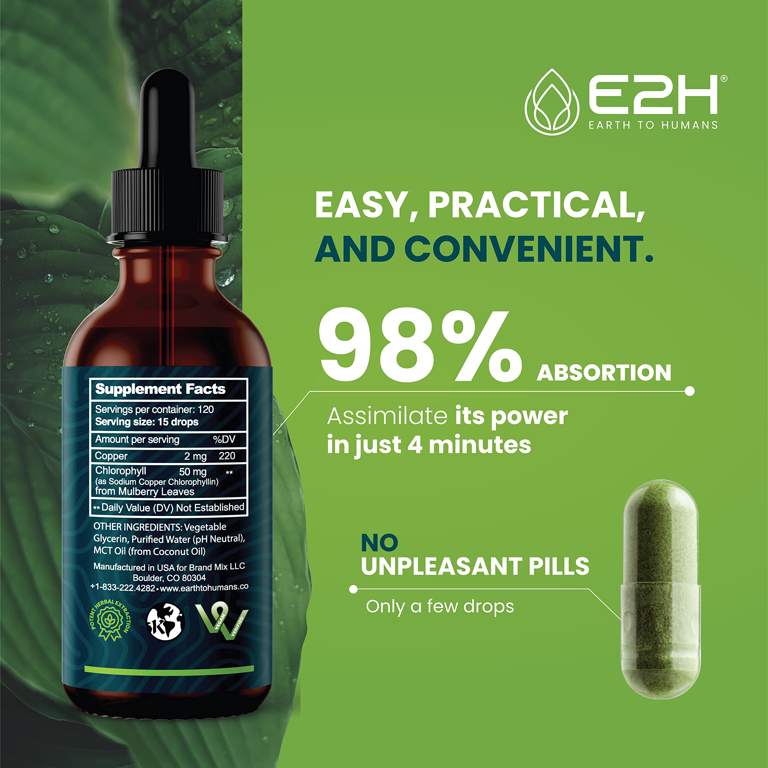 E2H Chlorophyll Drops in water for a convenient greens boost