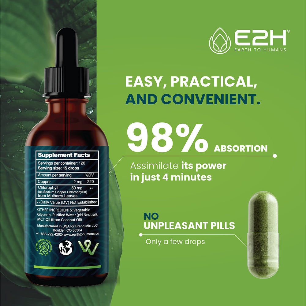 E2H Chlorophyll Drops in water for a convenient greens boost