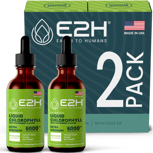 E2H Chlorophyll Liquid Drops bottle front showcases peppermint flavor and natural energy support.
