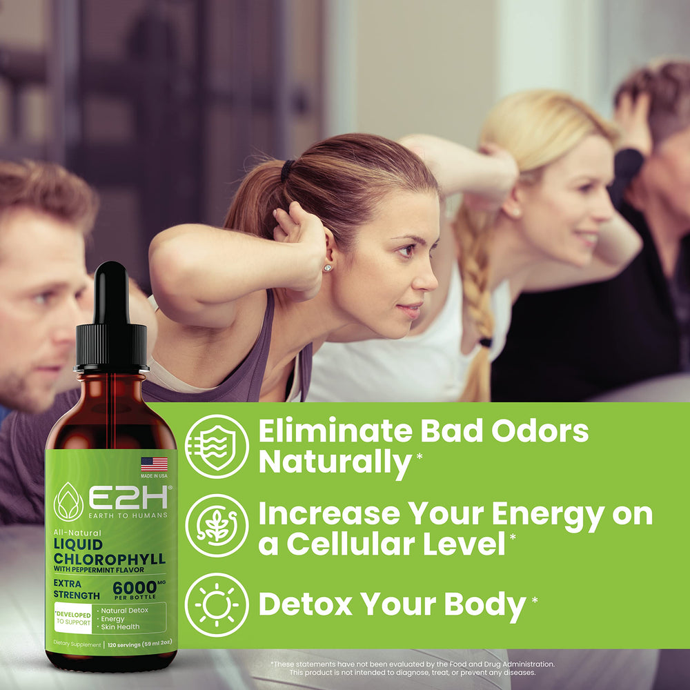 E2H Chlorophyll Liquid Drops bottle pour for easy mixing into water.