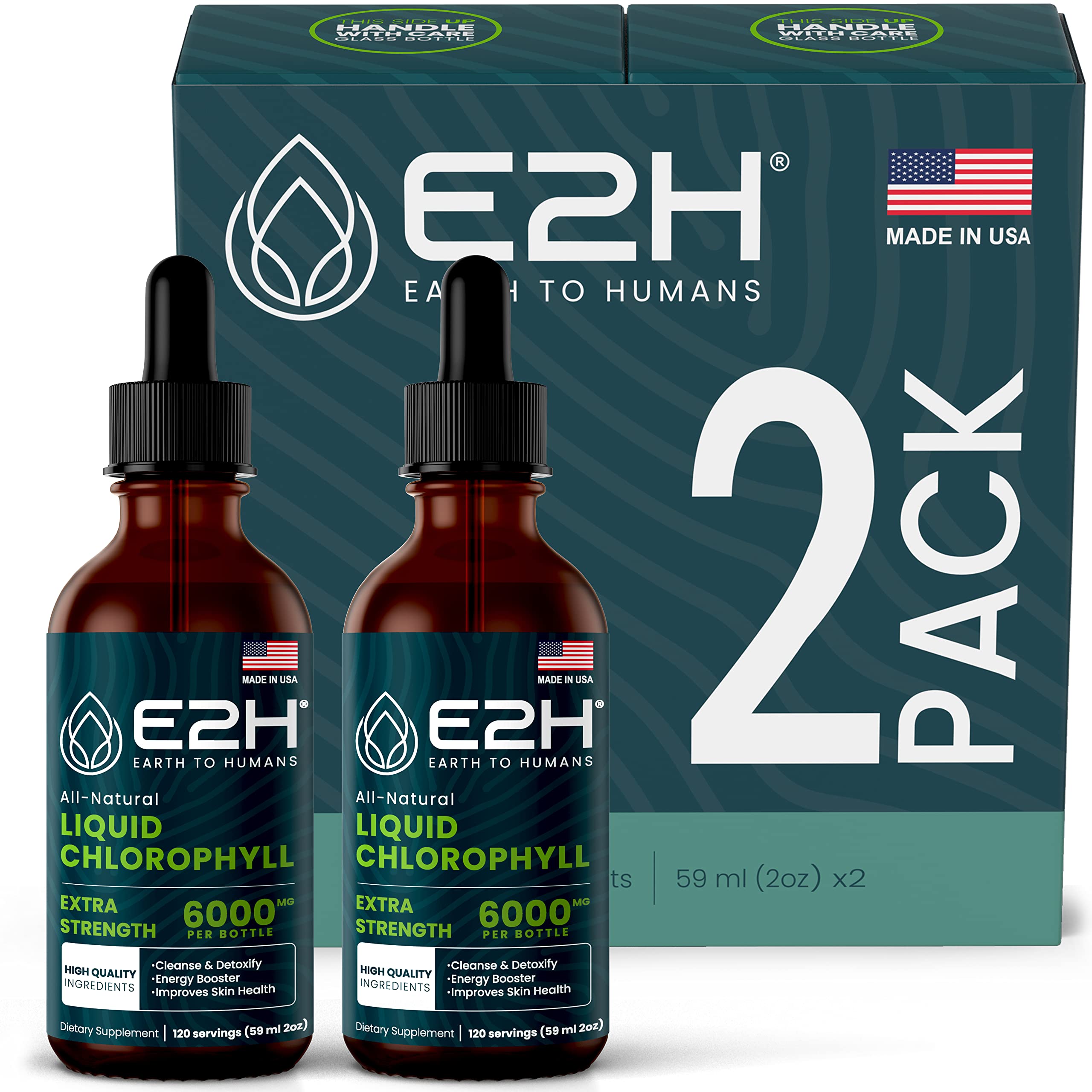 E2H Chlorophyll liquid drops bottle shows natural color for daily wellness support.