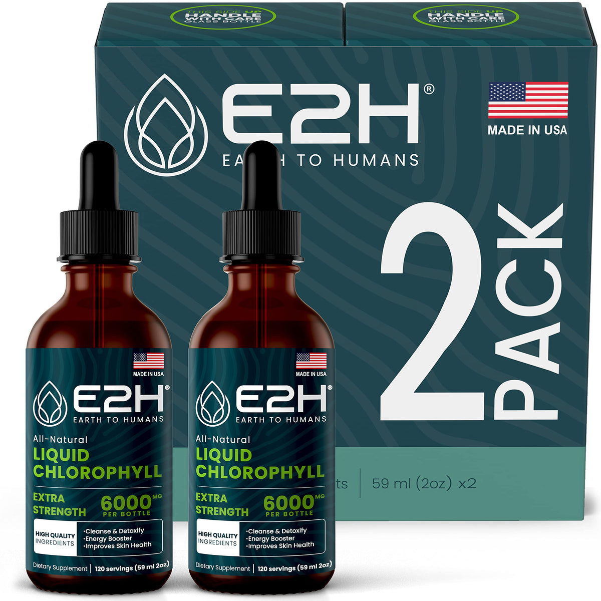 E2H Chlorophyll liquid drops bottle shows natural color for daily wellness support.