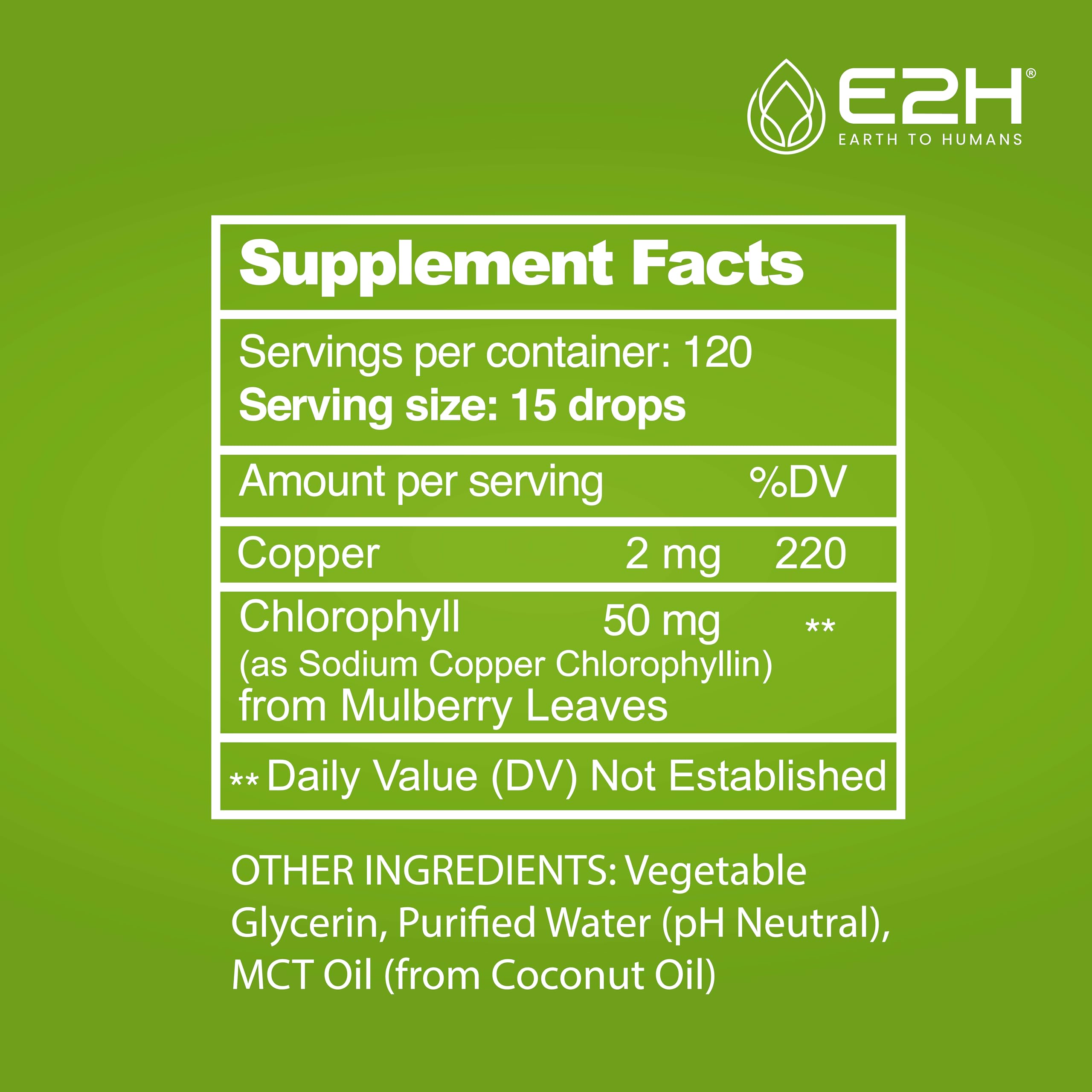E2H Chlorophyll drops dropper focus emphasizes precise daily dosing at home.