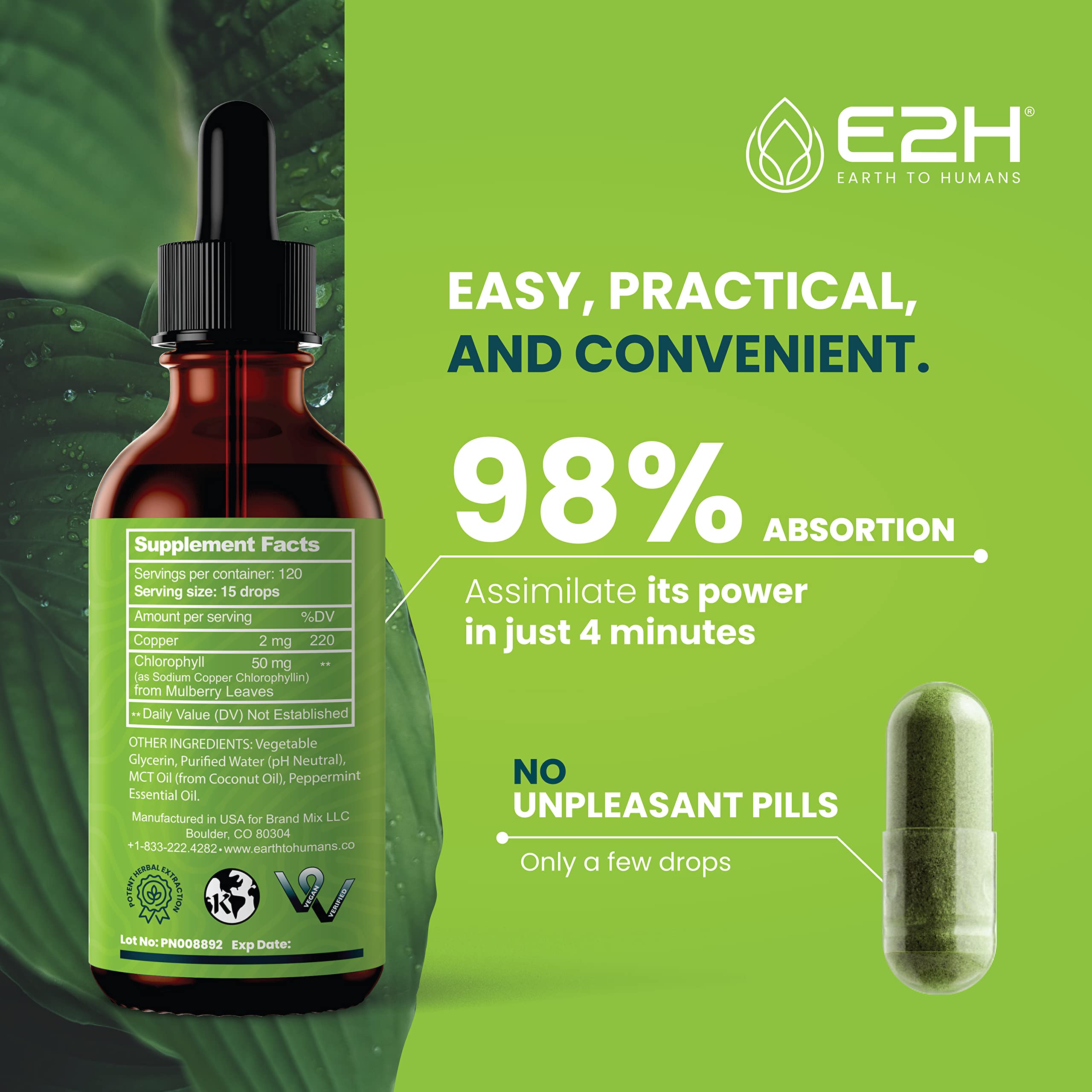 E2H Chlorophyll Liquid Drops mixed in water creating a refreshing green juice moment.