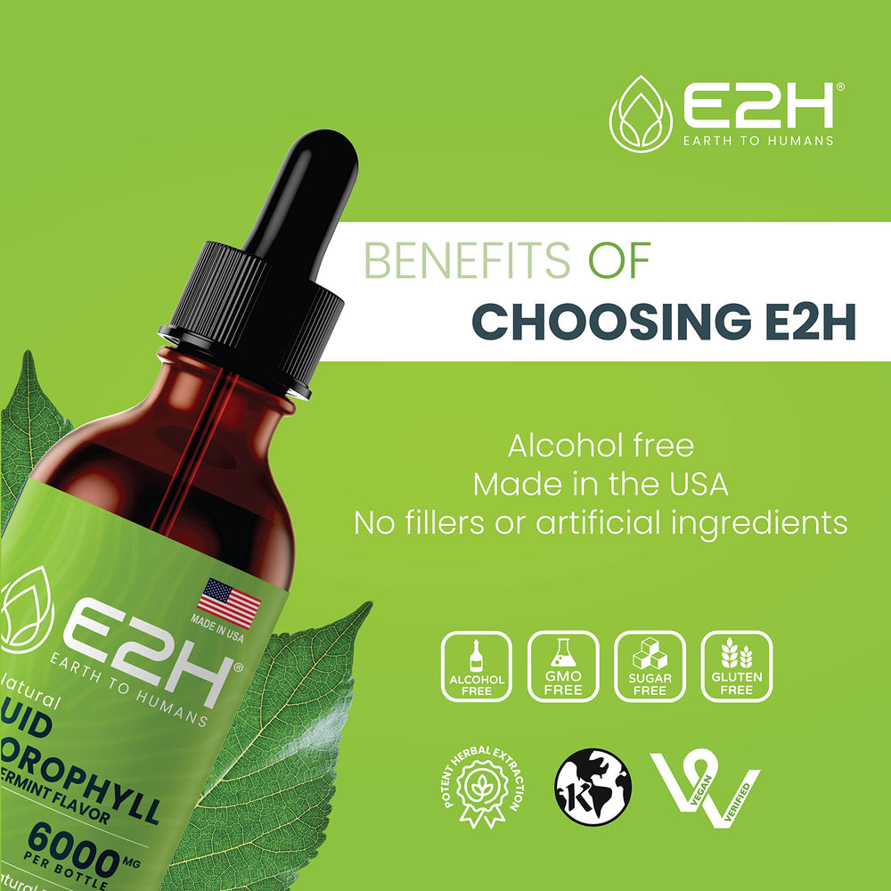 E2H Chlorophyll Liquid Drops peppermint flavor bottle supports a healthy routine.