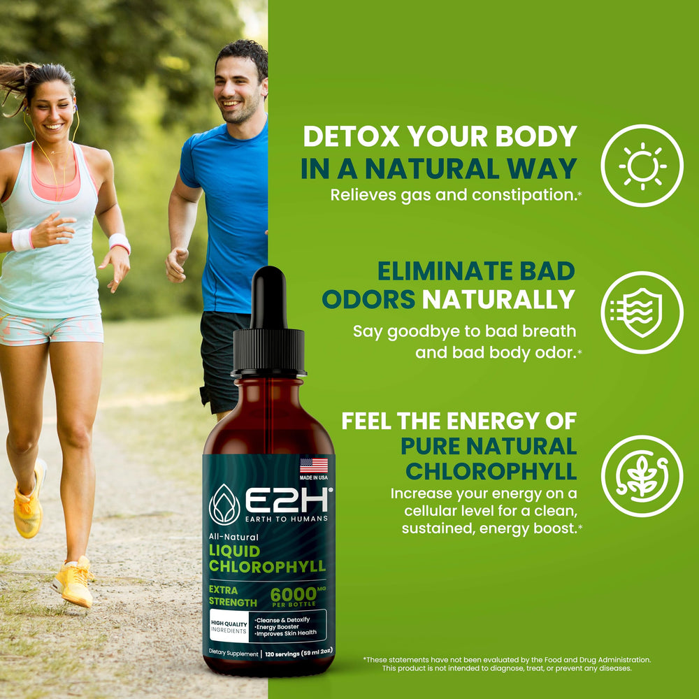 E2H Chlorophyll drops pour demonstrates convenient mixing for an energy boost.