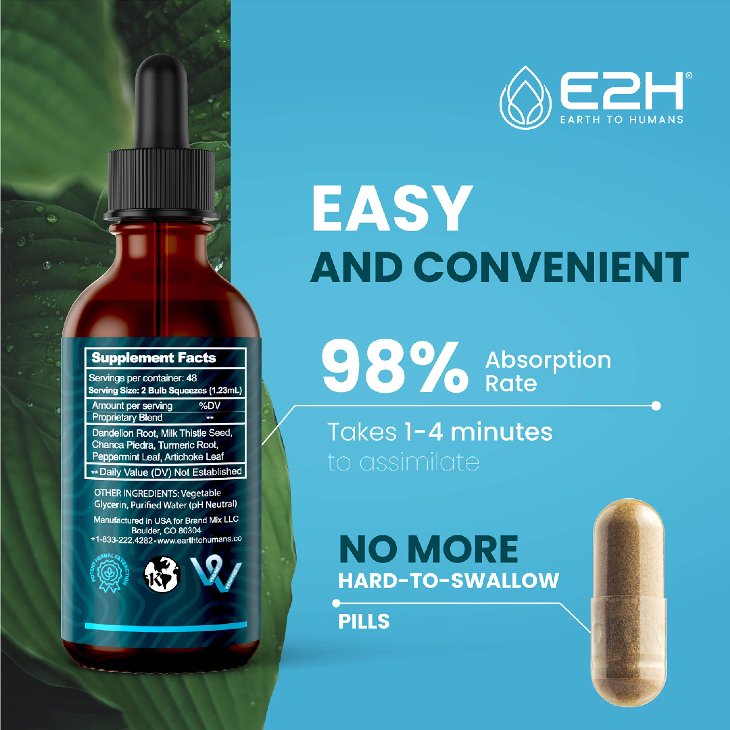 E2H Dandelion root and artichoke leaves emphasize digestion.